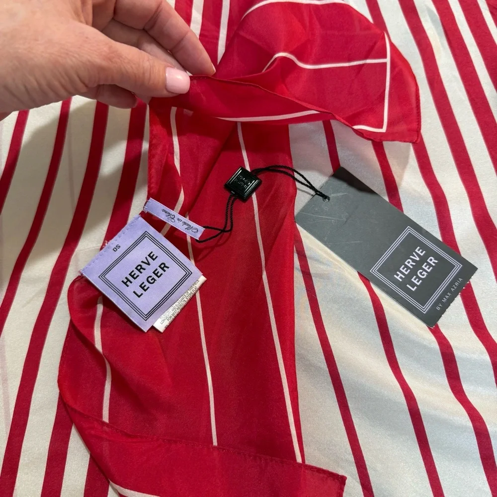 Herve Leger 100% Silk Striped Scarf Red White OS New With Tags